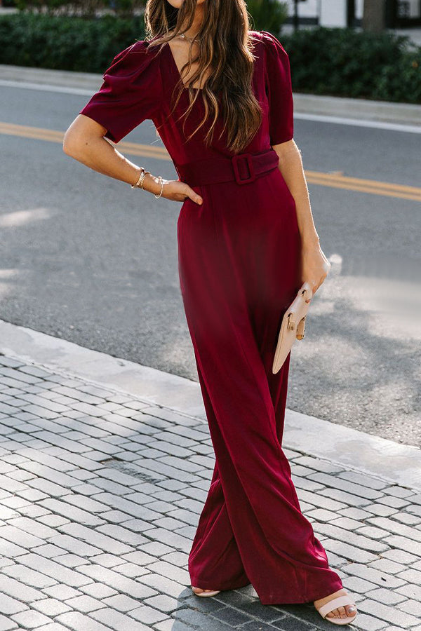 Elegant Velvet Short Sleeve Belted Evening Jumpsuit