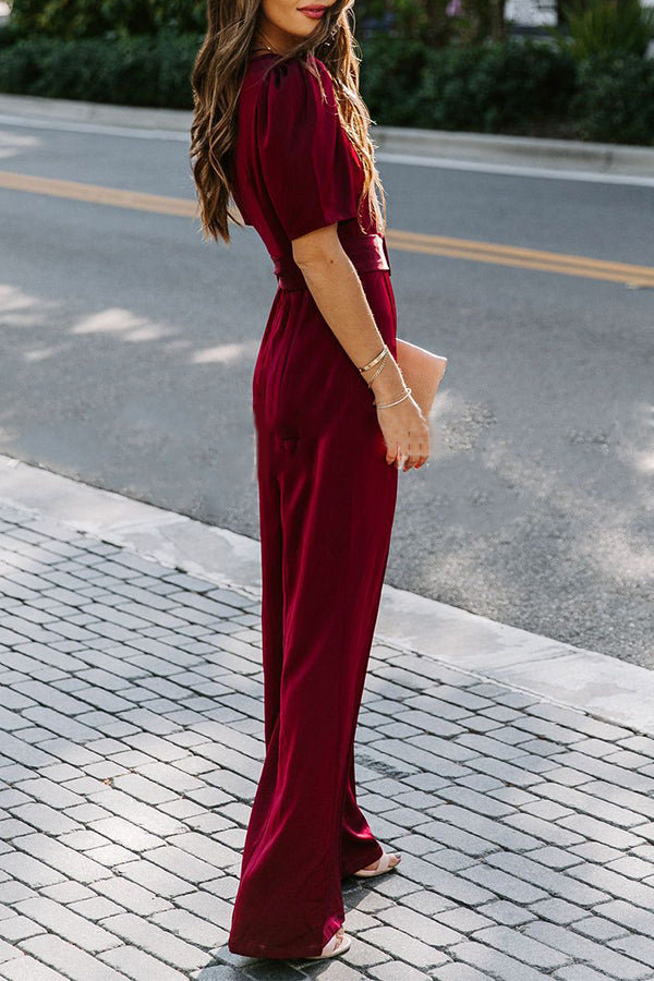 Elegant Velvet Short Sleeve Belted Evening Jumpsuit