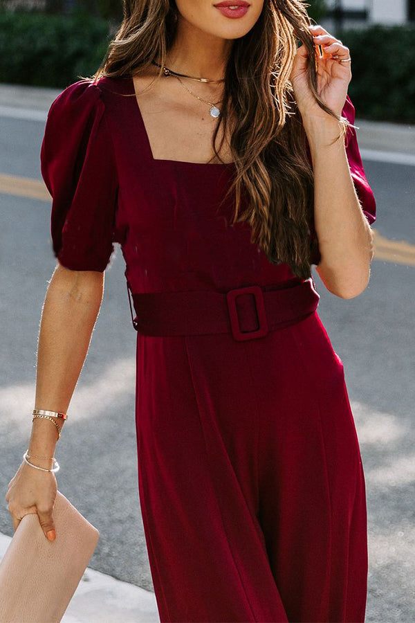 Elegant Velvet Short Sleeve Belted Evening Jumpsuit