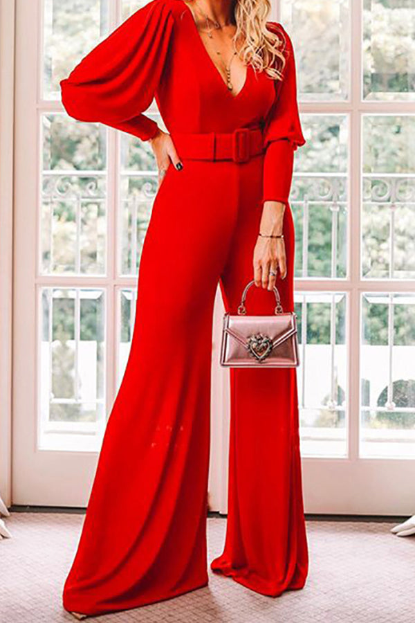 Christmas V-neck Puff Sleeve High Waist Belt Wide Leg Jumpsuit