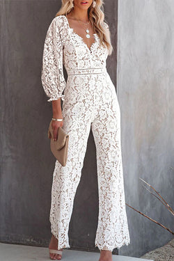 Elegant Lace Cropped Sleeve V-neck High-waist Slim Jumpsuit