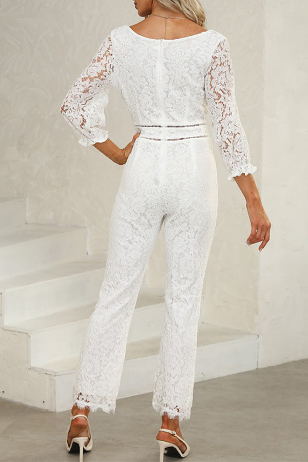 Elegant Lace Cropped Sleeve V-neck High-waist Slim Jumpsuit