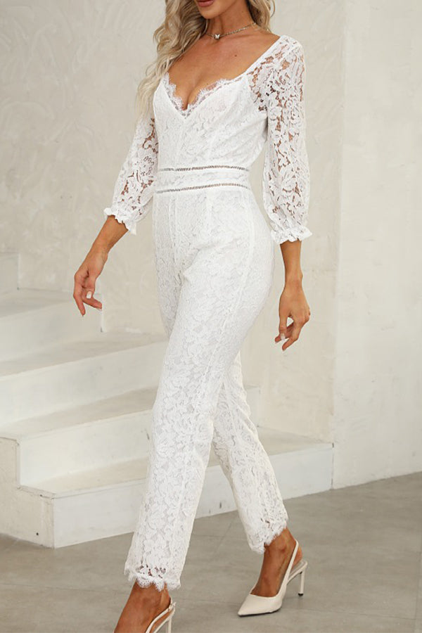 Elegant Lace Cropped Sleeve V-neck High-waist Slim Jumpsuit