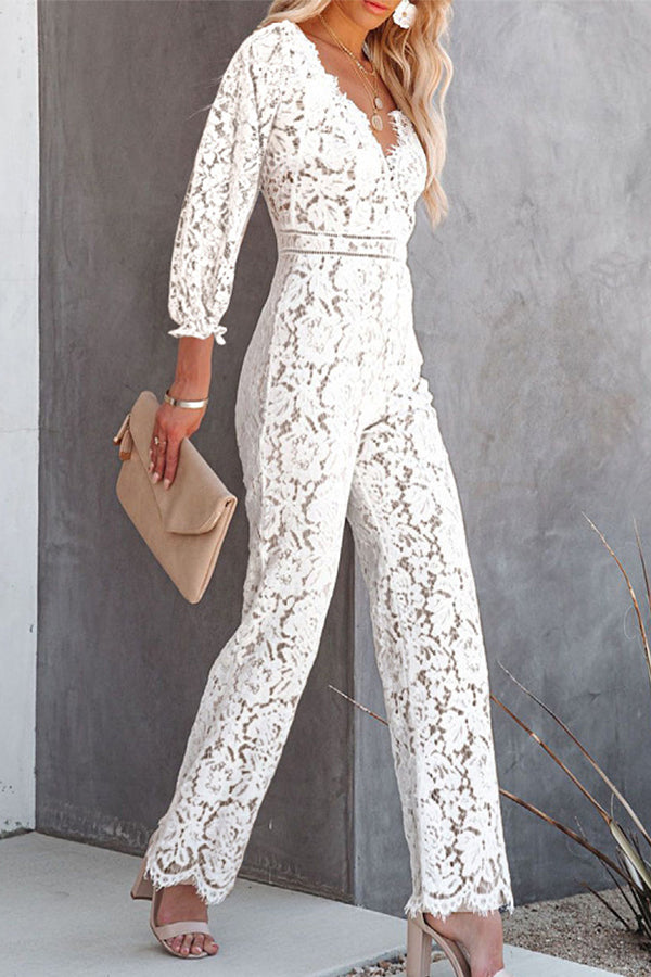 Elegant Lace Cropped Sleeve V-neck High-waist Slim Jumpsuit