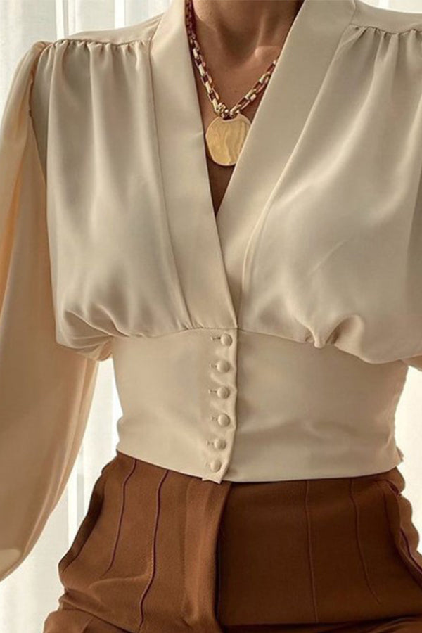 Elegant V-neck Button Lantern Sleeve Slim Shirt