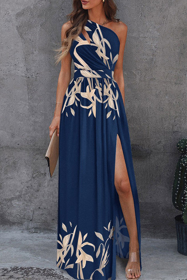 Temperament Oblique Shoulder Hollow Print High Slit Dress