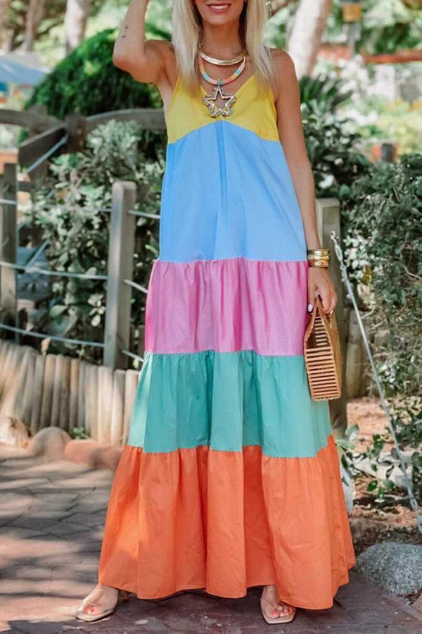 Sweet Candy Color Block Patchwork Holiday Slip Dress