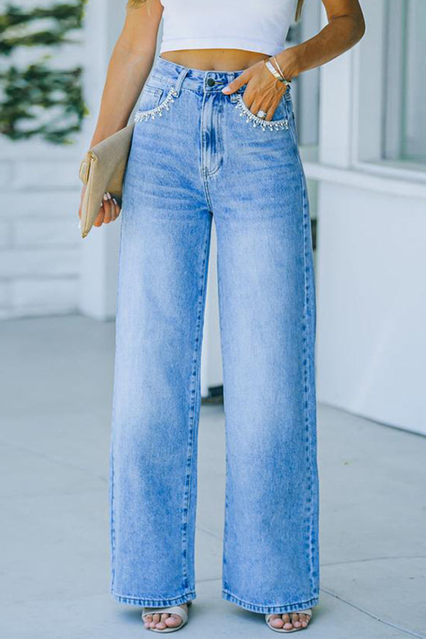 Exquisite Lace Pocket Casual Washed Jeans