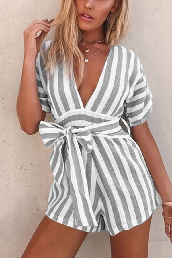 Holiday Stripe Deep V Belt Jumpsuit