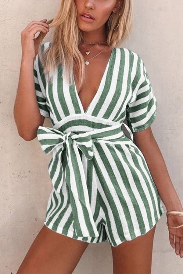 Holiday Stripe Deep V Belt Jumpsuit