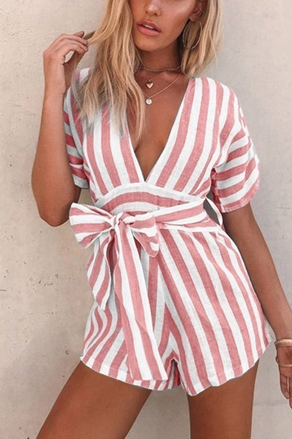 Holiday Stripe Deep V Belt Jumpsuit