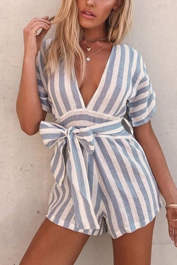 Holiday Stripe Deep V Belt Jumpsuit