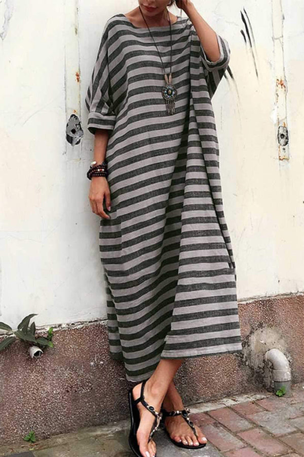 Vintage Cotton And Linen Striped Long Dress