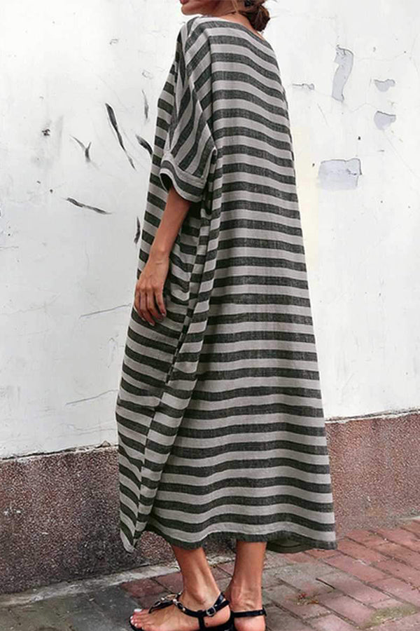 Vintage Cotton And Linen Striped Long Dress