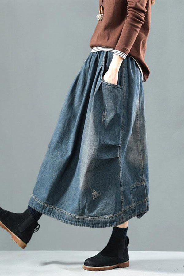 Artistic Retro Elastic Waist Pocket Washed Denim Skirt