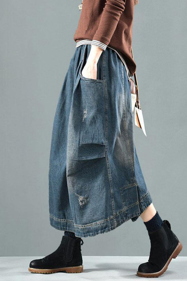 Artistic Retro Elastic Waist Pocket Washed Denim Skirt