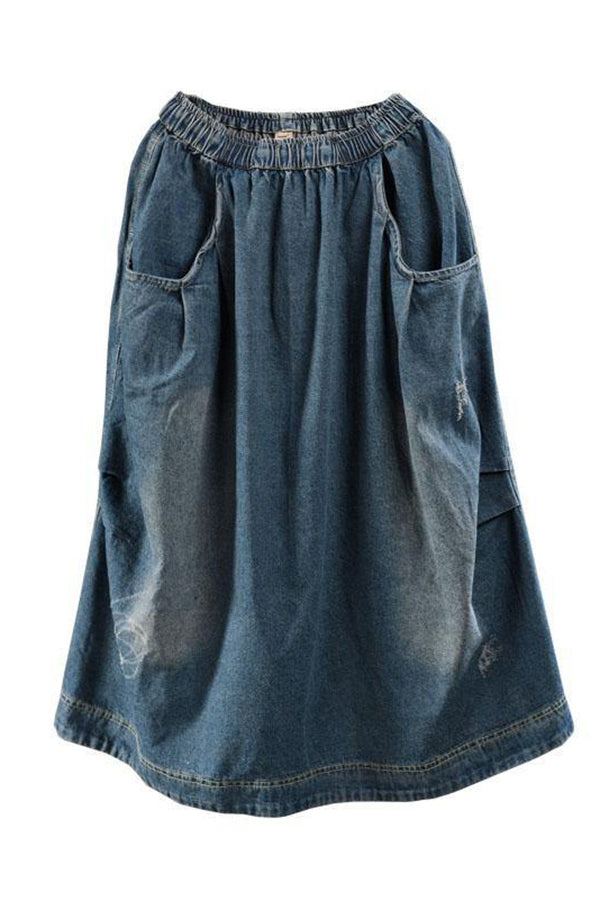 Artistic Retro Elastic Waist Pocket Washed Denim Skirt