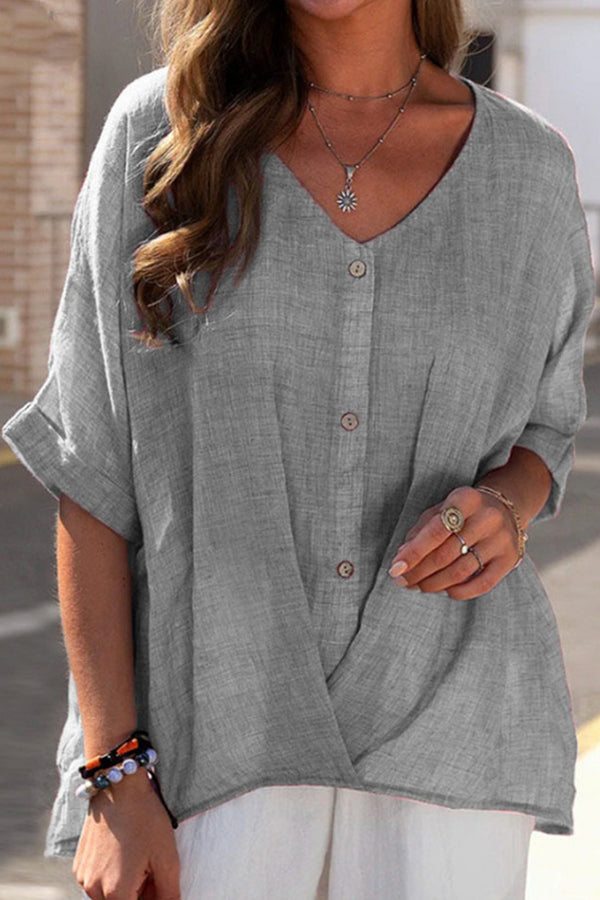 Cotton Linen V-neck Pullover Short-sleeved Loose Casual T-shirt