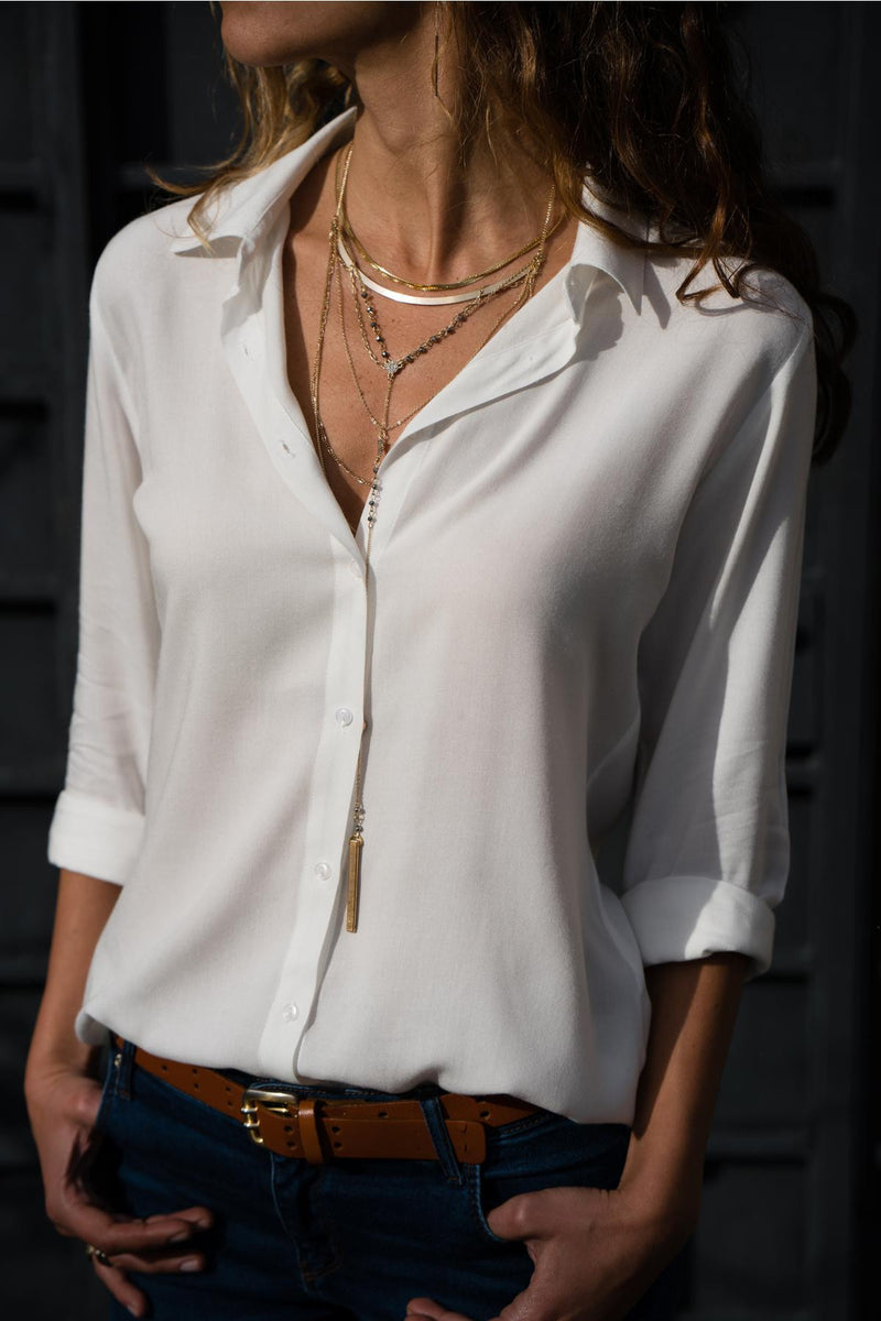 Lapel Collar Commuter Long Sleeve Chiffon Shirt