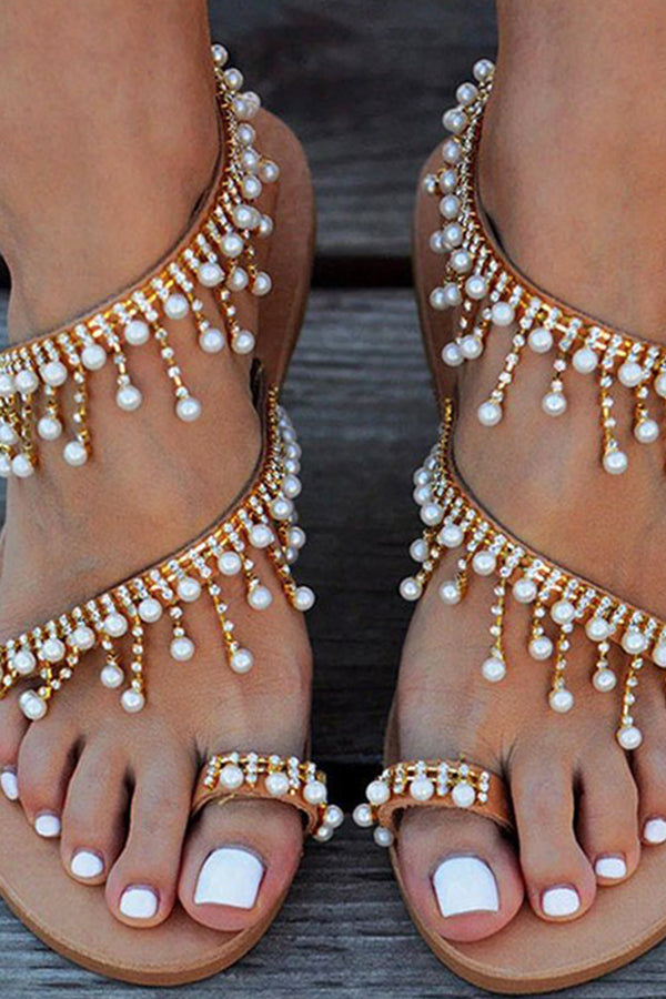 Pearl Tassel Flat Sandals