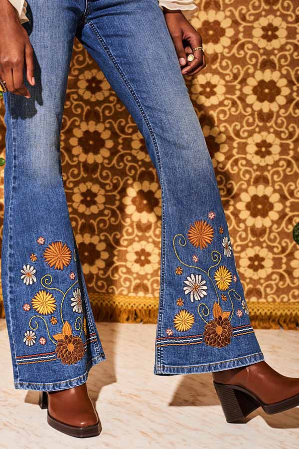 Vintage Daisy Embroidered High Rise Bootcut Distressed Jeans