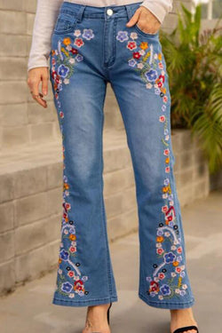 Vintage Embroidered Slim Fit Washed Flared Jeans