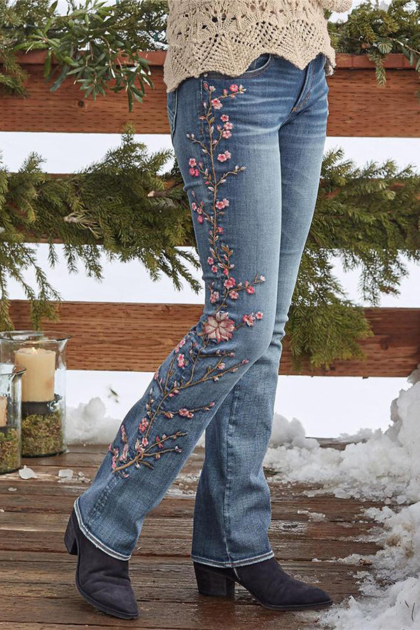 Vintage High-rise Micro-stretch Slim-fit Embroidered Floral Jeans