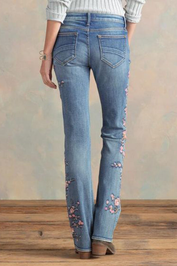 Vintage High-rise Micro-stretch Slim-fit Embroidered Floral Jeans