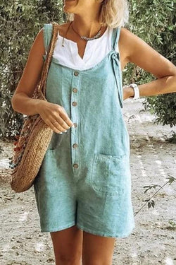 Solid Color Patch Pocket Tie Cotton and Linen Overalls