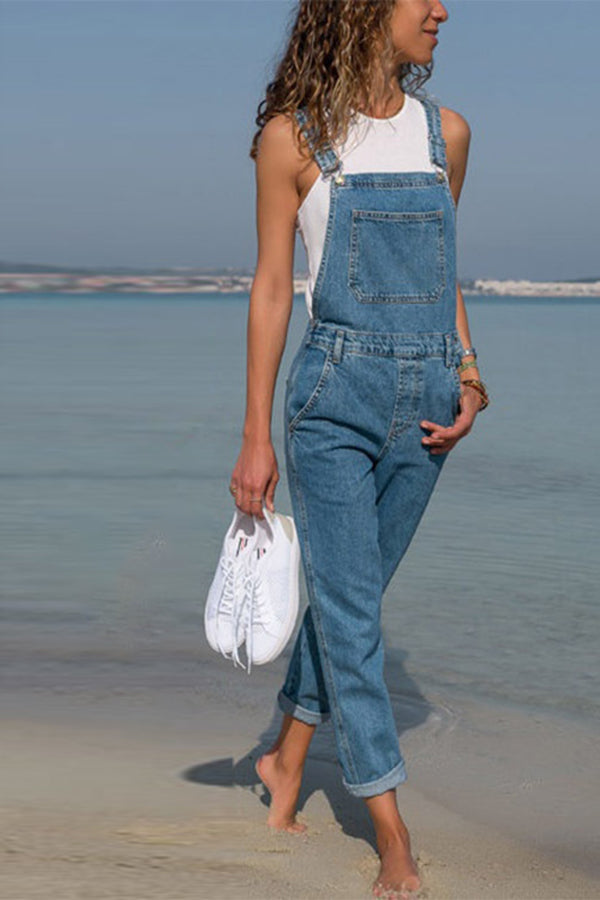 Classic Solid Loose-fitting Everyday Denim Overalls