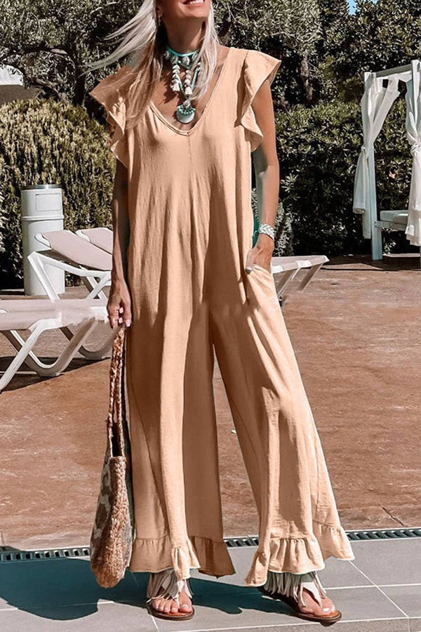 Comfortable V-neck ruffled casual jumpsuit