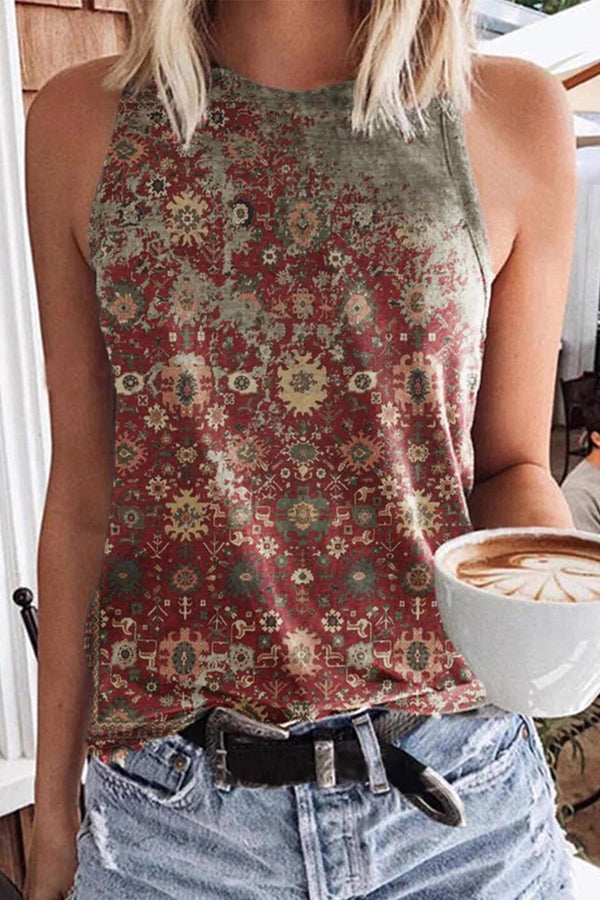 Vintage Print Casual Sleeveless Tank Top