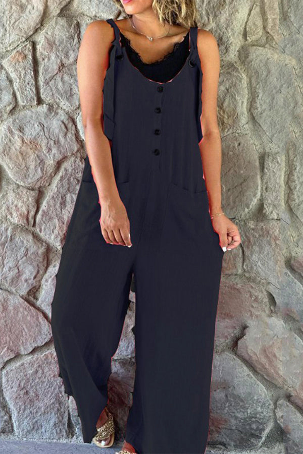 Cotton Linen Loose Casual Button Jumpsuit