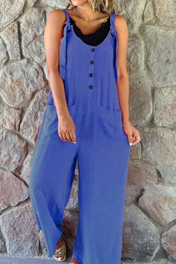 Cotton Linen Loose Casual Button Jumpsuit