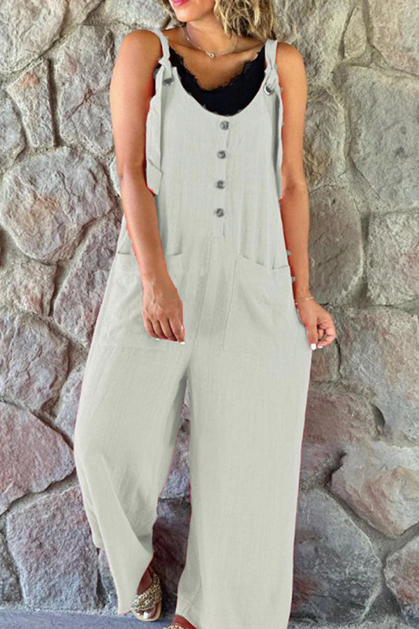 Cotton Linen Loose Casual Button Jumpsuit