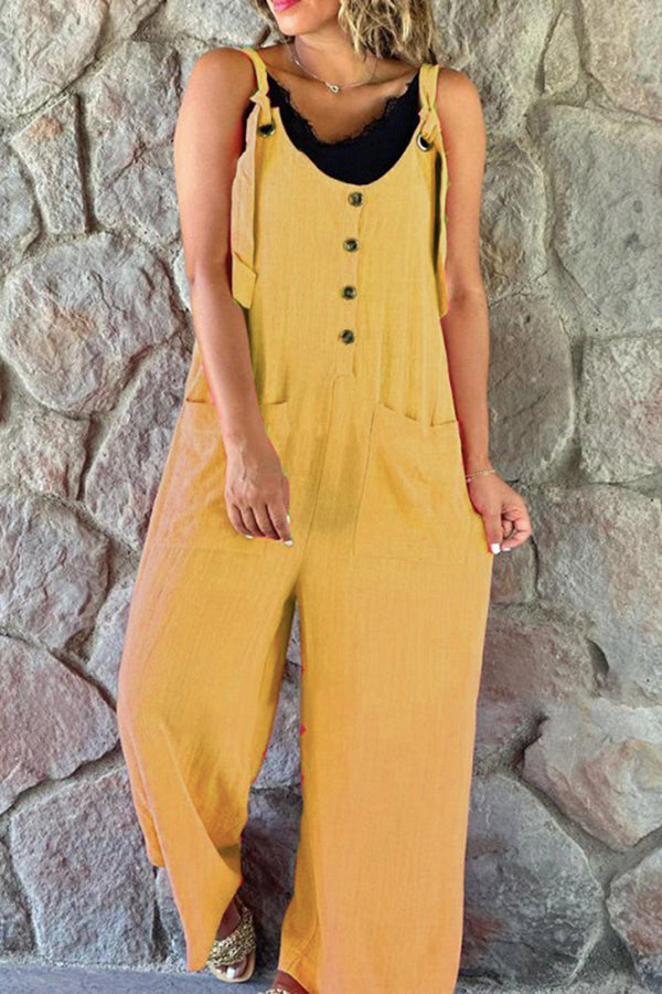 Cotton Linen Loose Casual Button Jumpsuit