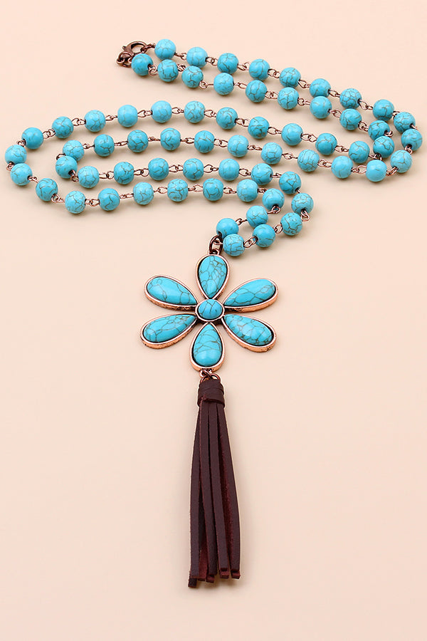 Turquoise Flower Pendant Long Necklace