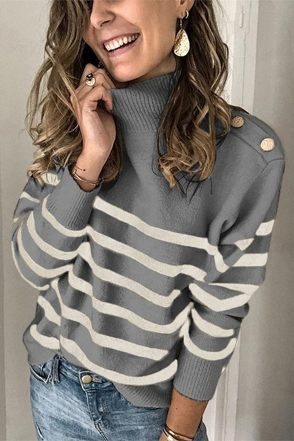 Turtleneck Pullover Buttoned Striped Sweater