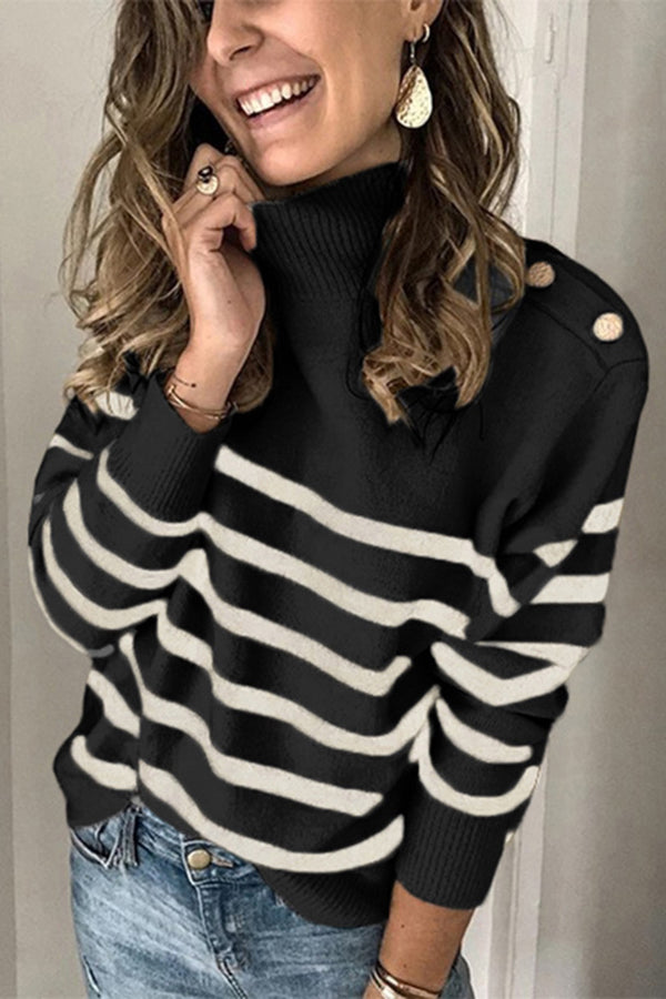 Turtleneck Pullover Buttoned Striped Sweater