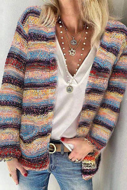 Heather Stripe Woven Warm Two-Pocket Sweater Cardigan