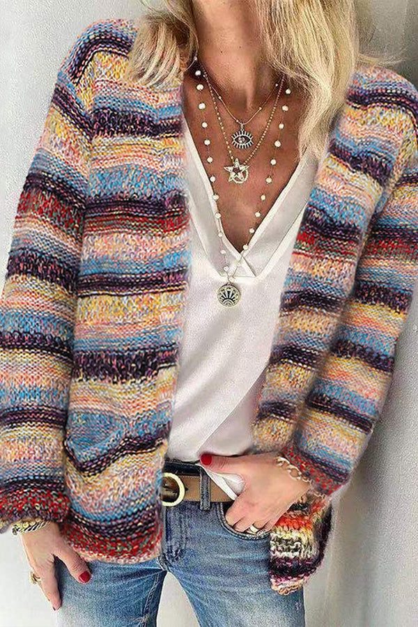 Heather Stripe Woven Warm Two-Pocket Sweater Cardigan