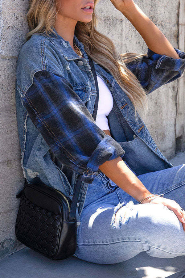 Early Autumn Plaid Stitching Denim Jacket