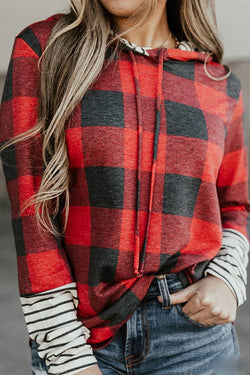 Red Patchwork Plaid Drawstring Hoodie