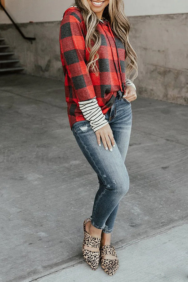 Red Patchwork Plaid Drawstring Hoodie