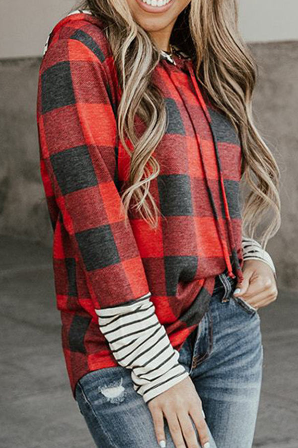 Red Patchwork Plaid Drawstring Hoodie