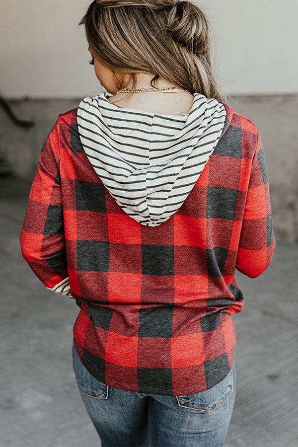 Red Patchwork Plaid Drawstring Hoodie