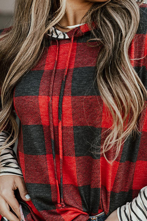 Red Patchwork Plaid Drawstring Hoodie