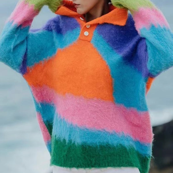 Irregular Artistic Color Block Suede Knitted Blouse