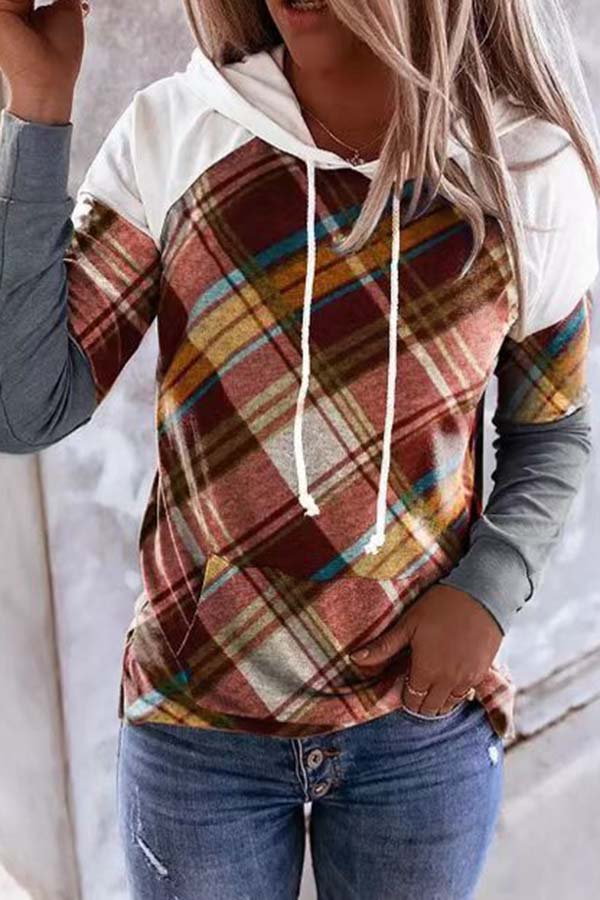 Retro Plaid Color Block Casual Hooded Sweatshirt