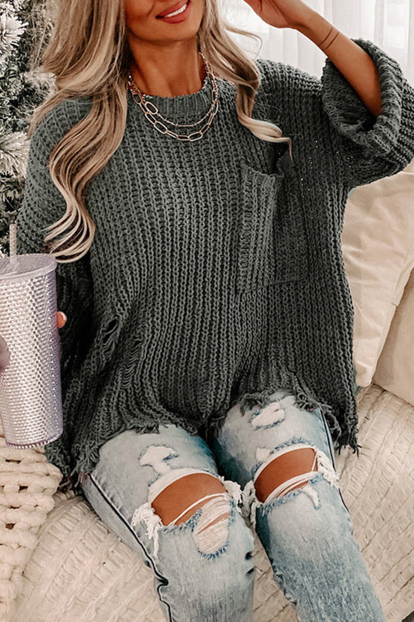 Gray Ripped Raw Hem Chunky Pullover Sweater